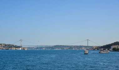 İstanbul, Türkiye - 28 Şubat 2018. İstanbul, Türkiye 'de Boğaz manzarası. İstanbul 'un Avrupa bölgesini İstanbul' un Asya kesiminden ayıran Boğaz.