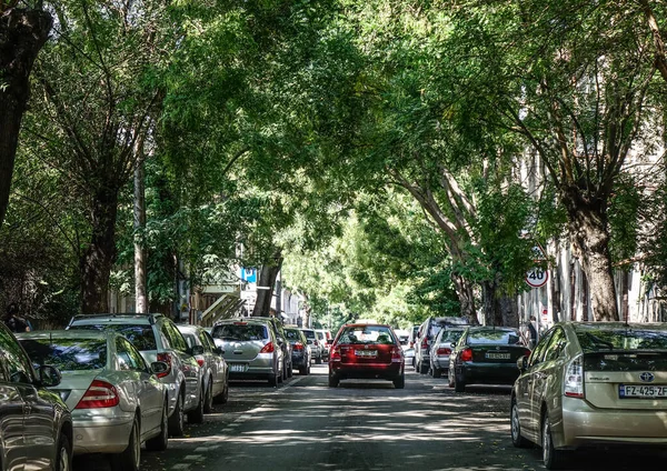 Tiflis Georgia Septiembre 2018 Coches Calle Con Muchos Árboles Tiflis —  Fotos de Stock