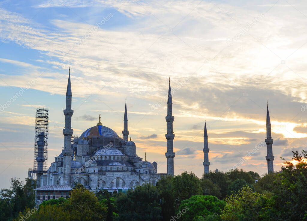 Istanbul, Turkey - Sep 29, 2018. View of Blue Mosque in Istanbul, Turkey. Sultanahmet Camii (Blue Mosque) is one of the most magnificent building in Turkey.