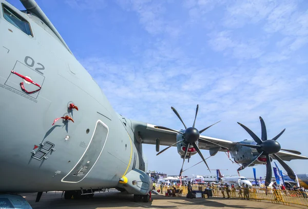 新加坡 2018年2月10日 马来西亚空军A400M空中客车在新加坡昌伊展出 国防费不断增加 特别是在东亚 — 图库照片