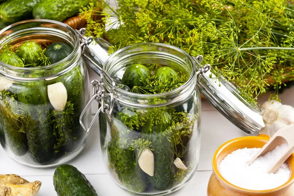 Homemade pickles in brine with garlic, dill and horseradish — Stock Photo, Image