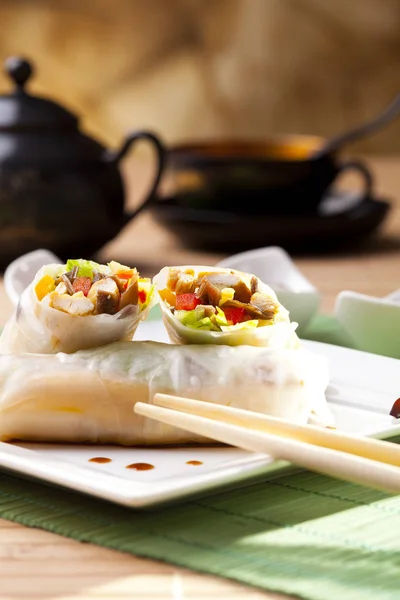 Portion of spring rolls on plate — Stock Photo, Image