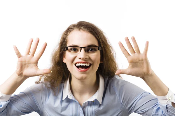 Portrait of a beautiful smiling young woman dressed in a blue sh — Stock Photo, Image