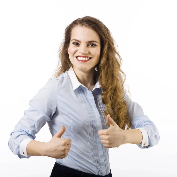 Portrait of a beautiful smiling young woman dressed in a blue sh — Stock Photo, Image
