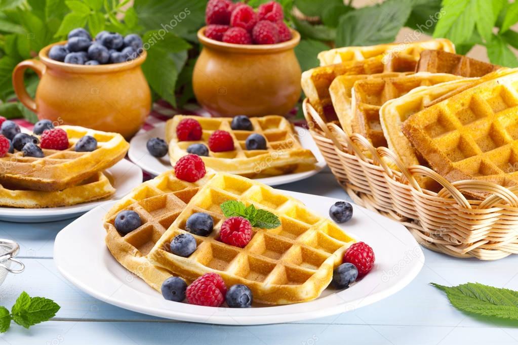 Homemade waffles with fruits