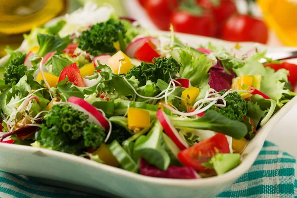 Salada de primavera com verduras frescas de rabanetes e couve — Fotografia de Stock