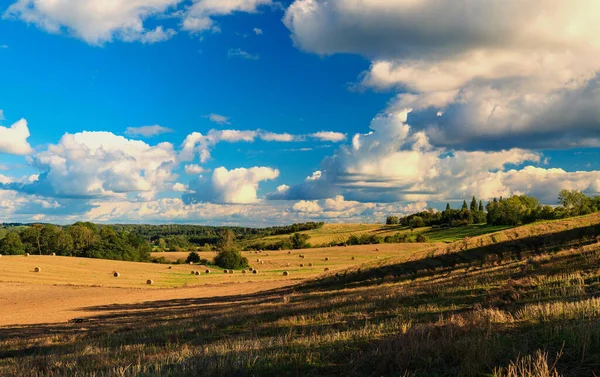 Piękny krajobraz ze słomką snopkami na polu. — Zdjęcie stockowe