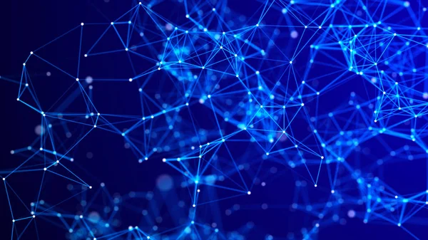 Netzwerkverbindungsstruktur. Big Data digitaler blauer Hintergrund. Wissenschaftlicher Hintergrund mit miteinander verbundenen Punkten, Linien und Dreiecken. 3D-Darstellung. — Stockfoto