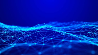 Noktaları ve çizgileri birleştiren bir dalga. Fütürist mavi noktalar ve dinamik bir dalga. 3d oluşturma.