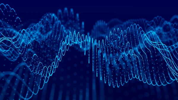 粒子の波ダイナミックウェーブを持つ未来的な青い点の背景。ビッグデータ。3D レンダリング. — ストック写真