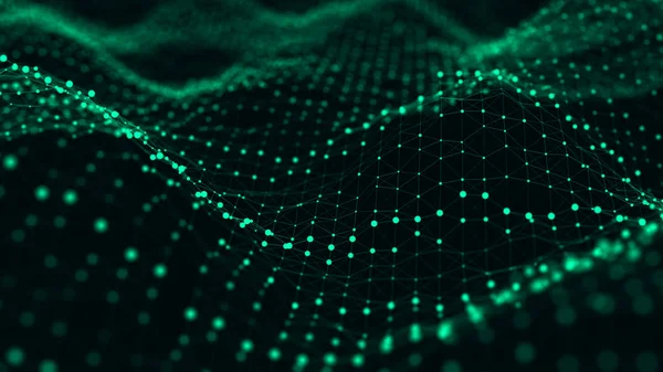 Welle von Teilchen. abstrakter grüner Hintergrund mit dynamischer Welle. Visualisierung von Big Data. 3D-Darstellung. — Stockfoto