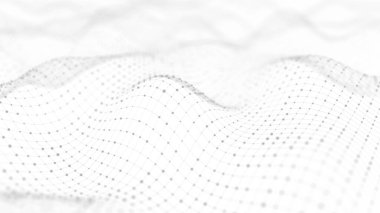 Veri teknolojisi çizimi. Soyut fütüristik geçmiş. Beyaz arka planda noktaları ve çizgileri birleştiren bir dalga. Parçacık dalgası.