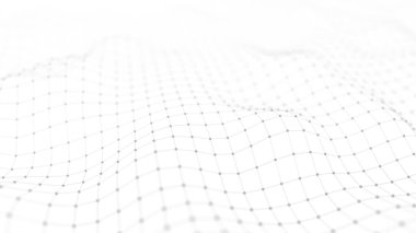 Veri teknolojisi çizimi. Soyut fütüristik geçmiş. Beyaz arka planda noktaları ve çizgileri birleştiren bir dalga. Parçacık dalgası.