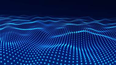 Parçacık dalgası. Dinamik dalgalı soyut bir arkaplan. Gelecekçi mavi vektör çizimi.