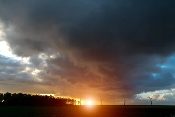 Sunset over the windmills on the field — Stock Photo, Image