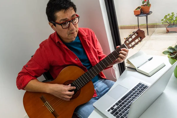 Karantina sırasında evdeki bir odada gitar dersi alan bir adamın portresi
