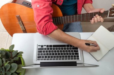 Yüzü evde görülemeyen gitar dersleri alan ve bir not defterini işaret eden bir adamın havadan çekilmiş fotoğrafı. Karantina sırasında etkinlikler