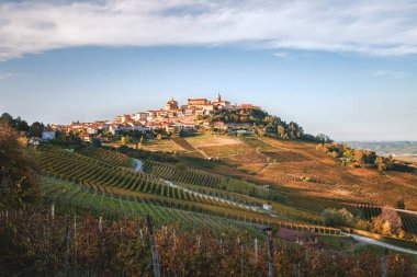 La Morra köyü, Langhe üzüm bağları tepeleri. Şarap turizmi, Avrupa seyahatleri. Bahçecilik, Langhe, Piedmont, İtalya, Unesco mirası. Barolo, Nebbiolo, Dolcetto, Barcaresco kırmızı şarap. 