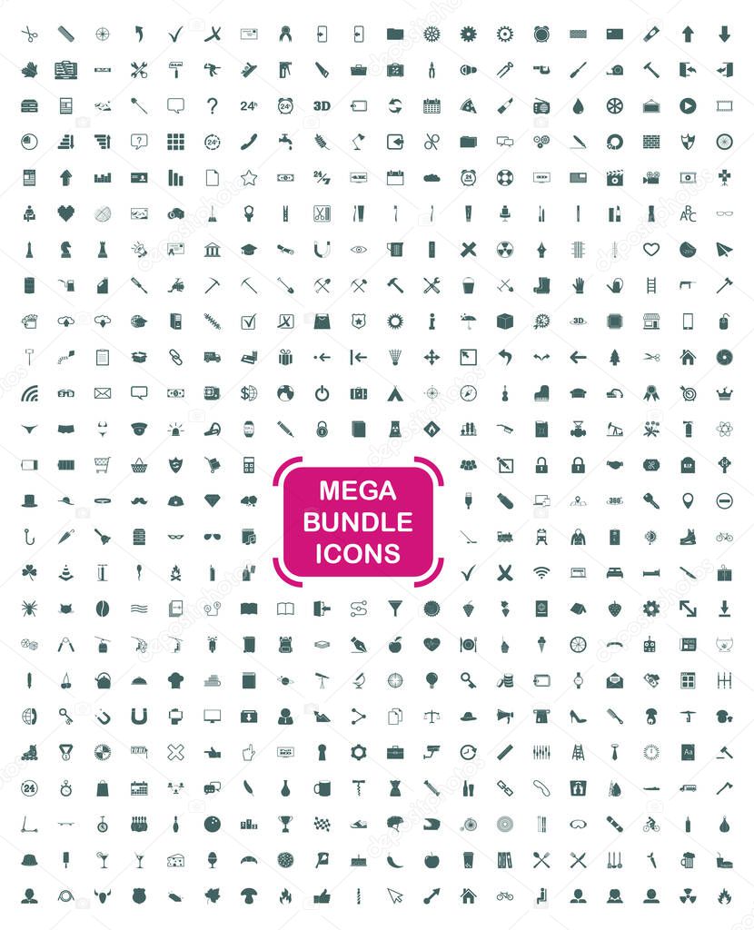 Exclusive Mega Bundle Icons Pack. Collection universal solid vector icons for website, project, business, infographic, web design, mobile app, online market. Isolated Elements on White Background.