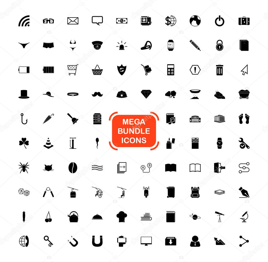 Exclusive Mega Bundle Icons Pack. Collection universal solid vector icons for website, project, business, infographic, web design, mobile app, online market. Isolated Elements on White Background.