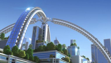 fütüristik bir yeşil şehir 3D çizimi.