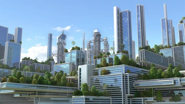 fütüristik bir yeşil şehir 3D çizimi.