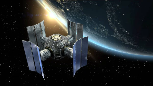 Ilustração 3D de um satélite ou spacelab que inspeciona a Terra . — Fotografia de Stock