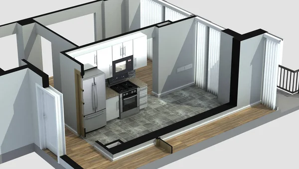 3D vykreslování byt kuchyně — Stock fotografie