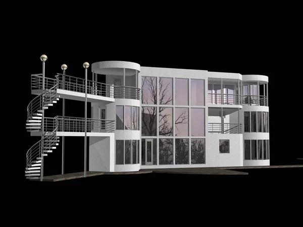 3D moderní dům izolován na černém pozadí — Stock fotografie