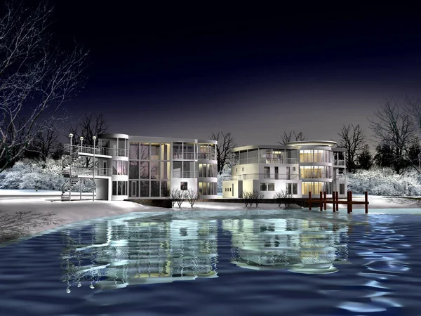 3D casa moderna in riva al lago in inverno — Foto Stock