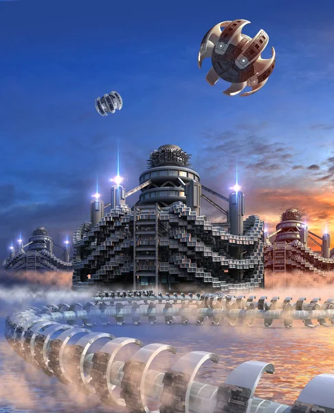 bir futuristik marina şehir 3D çizimi 
