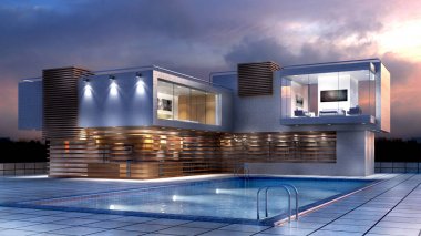 Havuzlu bir modern lüks ev 3D çizimi
