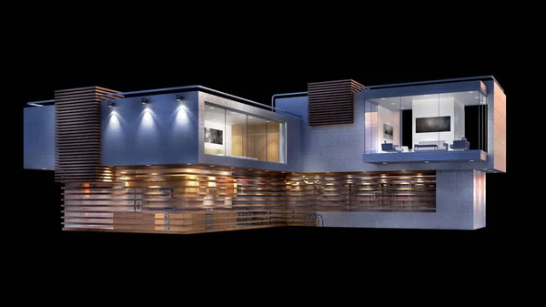 3D απεικόνιση ενός σπιτιού σύγχρονης πολυτέλειας που απομονώνονται σε μαύρο — Φωτογραφία Αρχείου