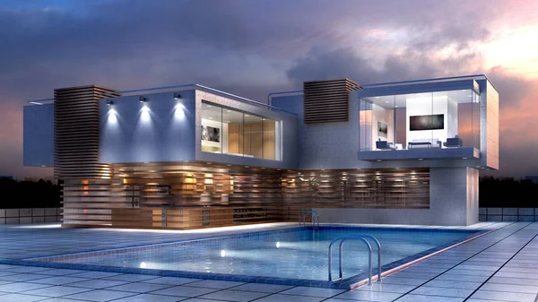 Ilustração 3D de uma moderna casa de luxo com piscina — Fotografia de Stock