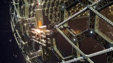 Derin uzay animasyon video bilim kurgu video oyunları ya da yıldızlararası seyahat için galaktik bir arka plan üzerinde üçgen 3d Izgaralar küresel bir web etrafında dönen bir petek jeodezik yapısı.
