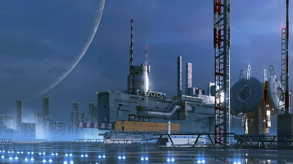 Sci-fi technológiai város egy idegen bolygón — Stock Fotó