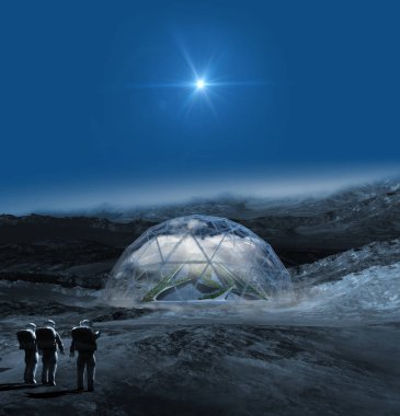 Astronotları ve dünyalaştırıcı kubbesi olan donmuş uzaylı bir gezegen.