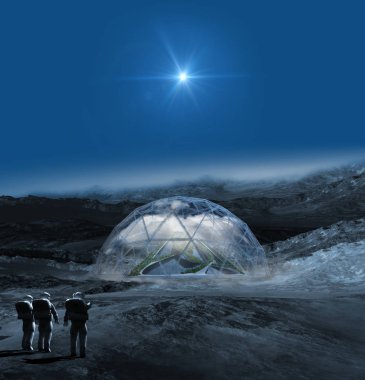 Alien frozen planet with astronauts and a terraforming dome clipart