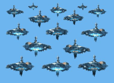 Gökyüzü mavisi üzerinde izole edilmiş Ufo örneklerinin kolajı