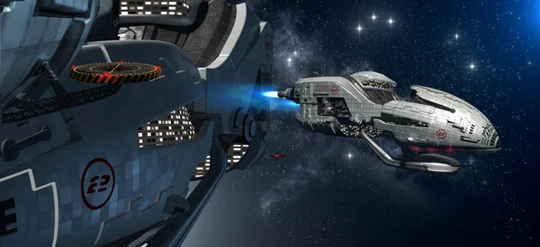 用于未来星际旅行 电子游戏或科幻小说背景的带有飞行器外活动的军用空间站的3D图像 — 图库照片