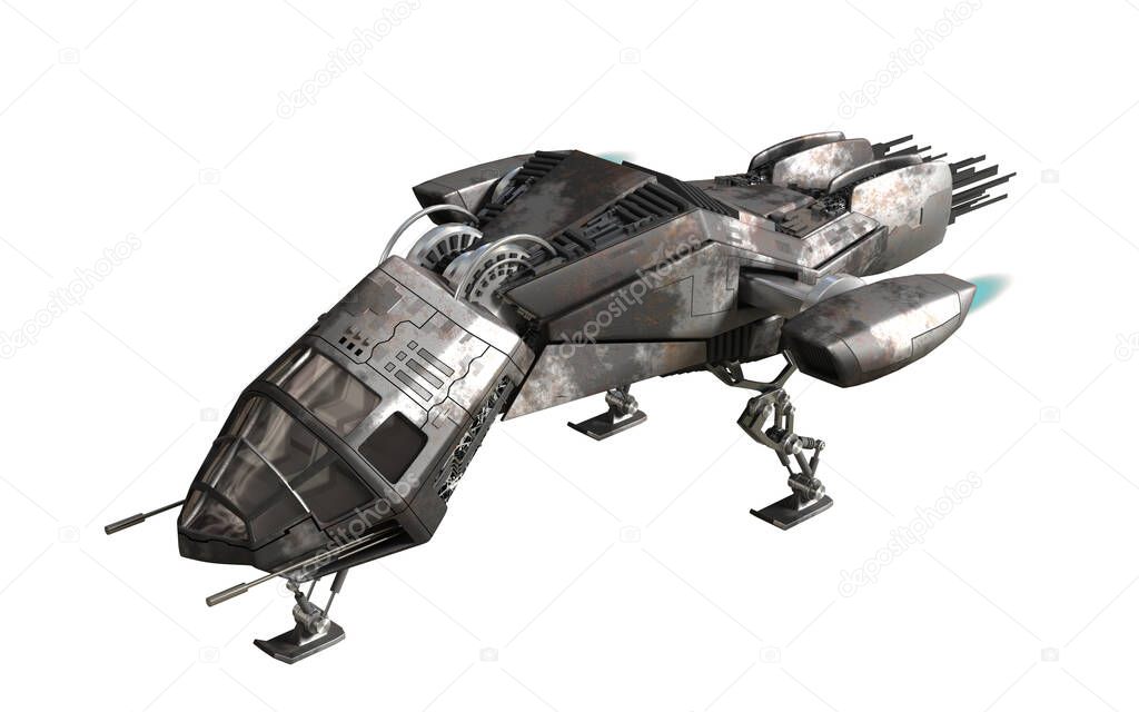 3D highly detailed military drone for futuristic deep space travel or science fiction backgrounds with the clipping path included in the illustration.