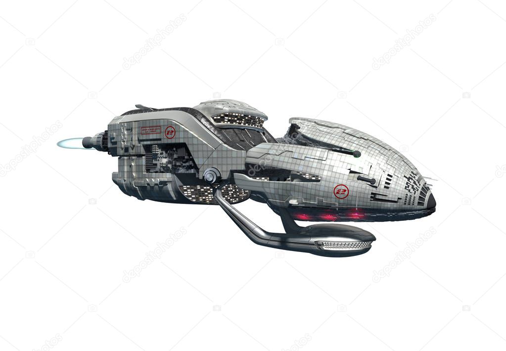 3D interstellar military drone with afterburner propulsion jets for futuristic deep space travel or science fiction backgrounds, with the clipping path included in the illustration.