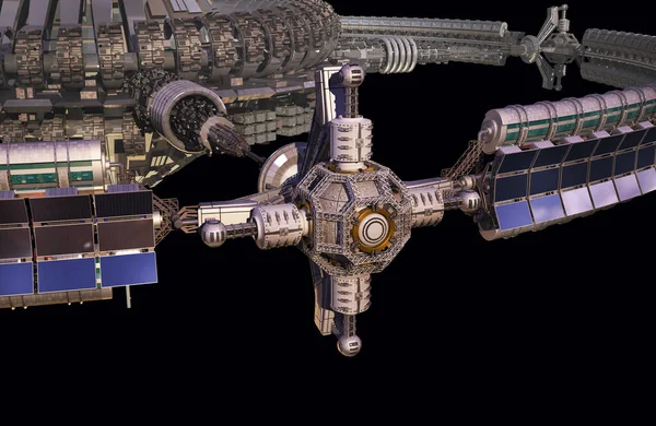 ビデオゲームやサイエンスフィクションの背景のための重力ホイールを備えた詳細な3D銀河間宇宙船 イラストに含まれるクリッピングパス — ストック写真