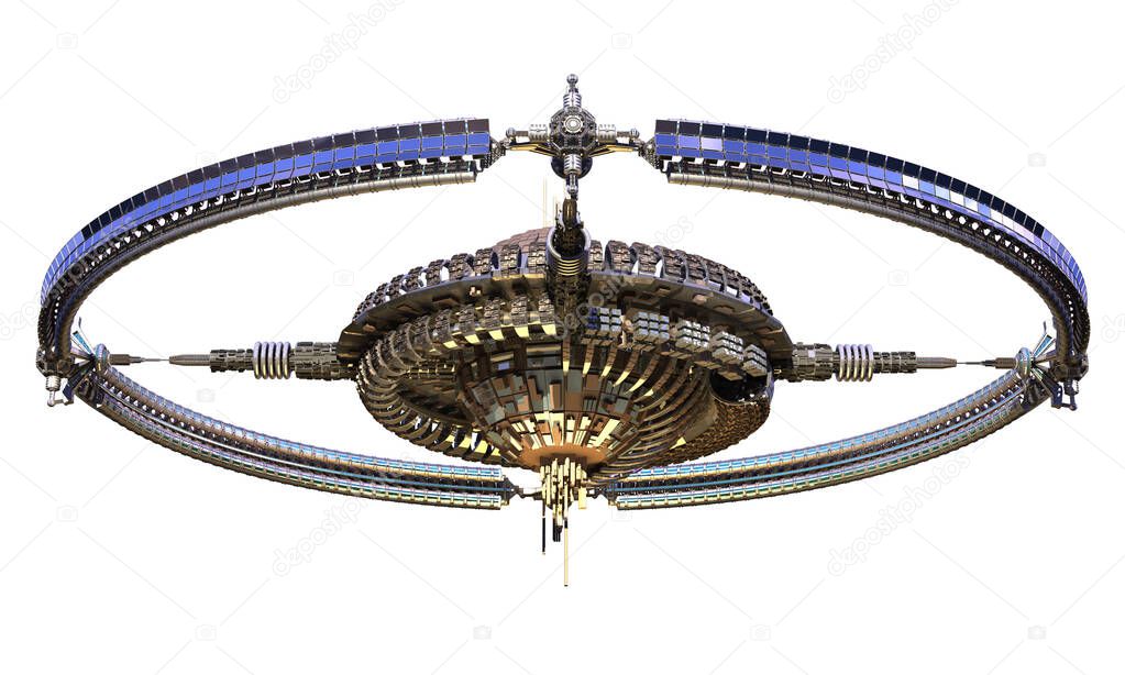 3D detailed gravitational wheel spaceship for futuristic war games or science fiction backgrounds with the clipping path included in the illustration.