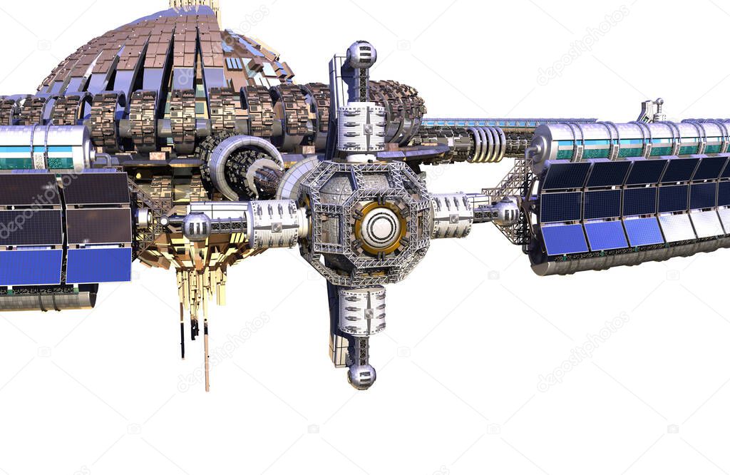 Detailed 3D intergalactic spaceship with a gravitation wheel for video games and science fiction backgrounds, with the clipping path included in the illustration.