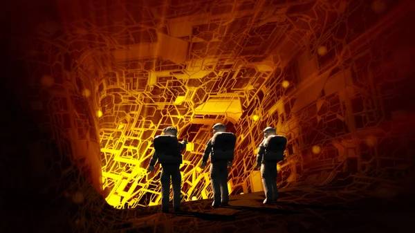 宇航员探索具有技术结构的宇宙飞船内部的3D渲染 用于未来电子游戏或科幻小说背景 — 图库照片