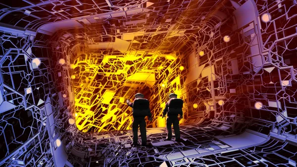 Renderização Astronautas Explorando Túnel Interior Uma Nave Espacial Com Uma — Fotografia de Stock