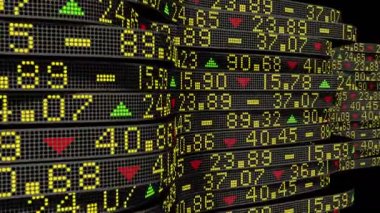 Borsa değerleri dairesel ticaret tahtalarında kayıyor. Ekonomi ve iş geçmişleri için 4K animasyon.