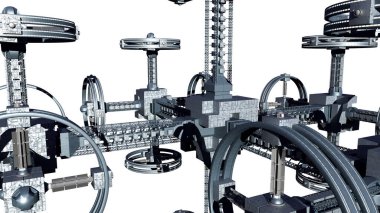 Fütürist derin uzay yolculuğu ya da bilim kurgu geçmişleri için yer çekimi tekerlekleri olan bir uzay istasyonuna 3D yakın plan, resimde kesme yolu da yer almaktadır..