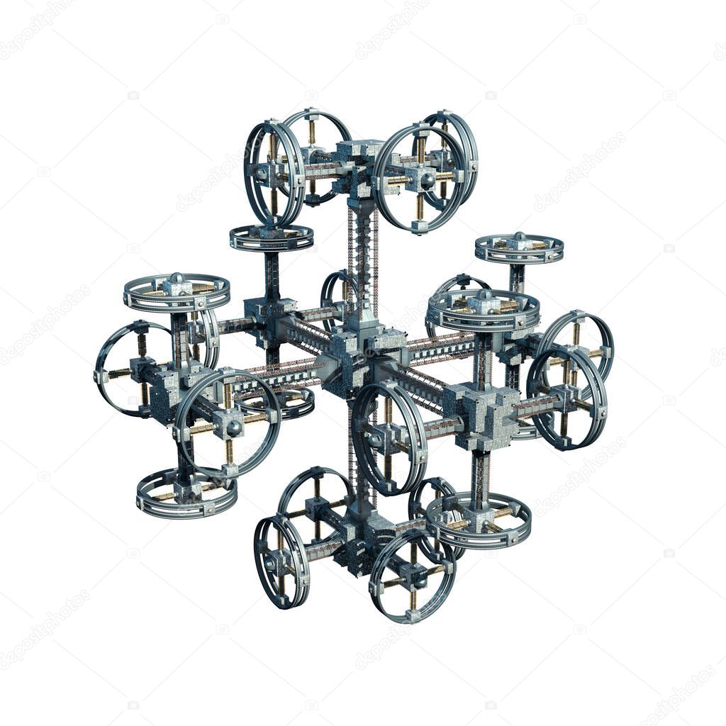 3d Illustration of a space station with multiple gravitational wheels for war games, futuristic exploration or science fiction backgrounds, with the clipping path included in the file.